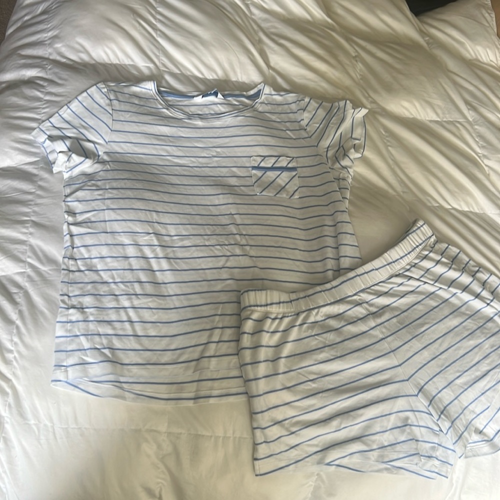Company Store pajama set. Blue and white striped t-shirt and shorts.